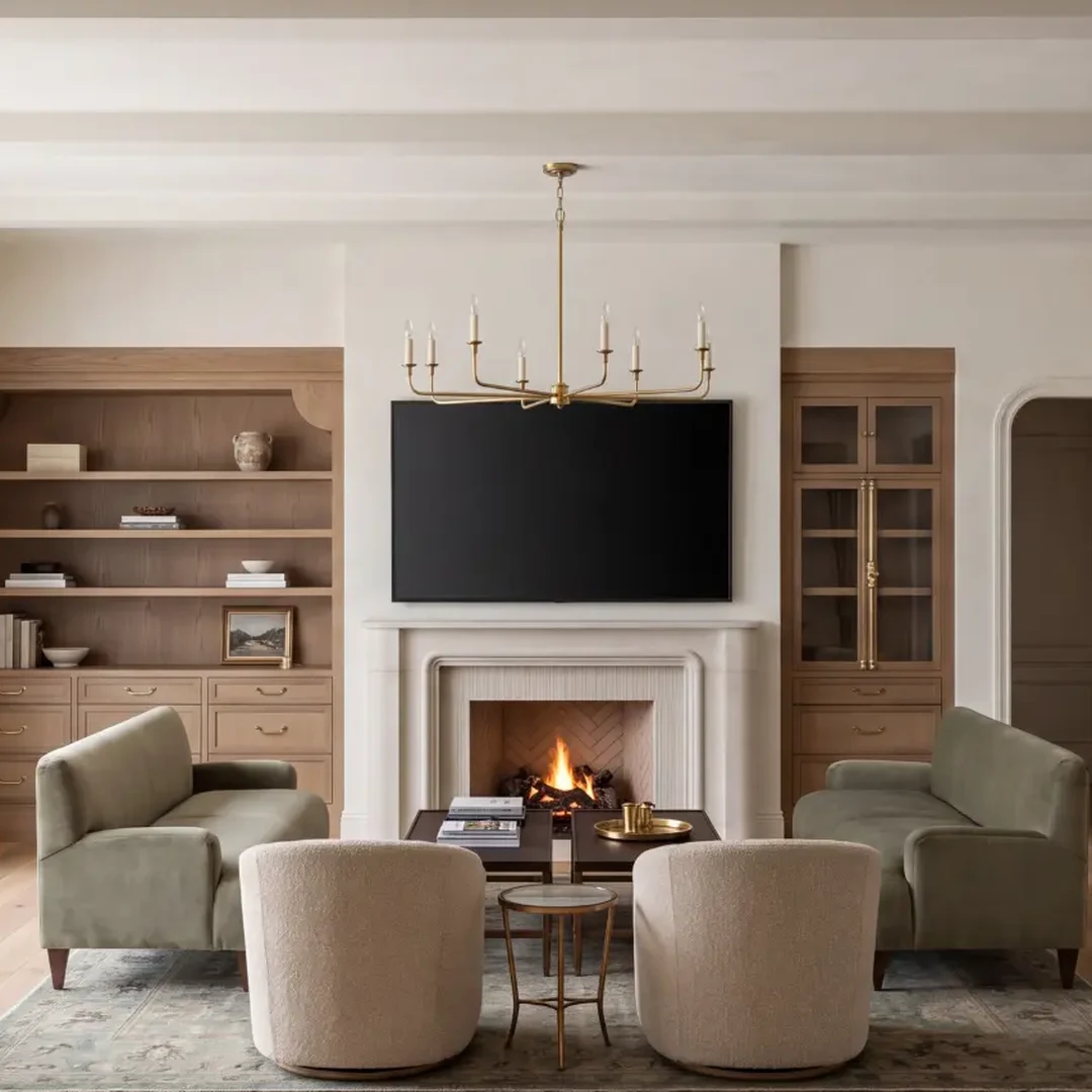 Interior living room with fireplace and built-ins