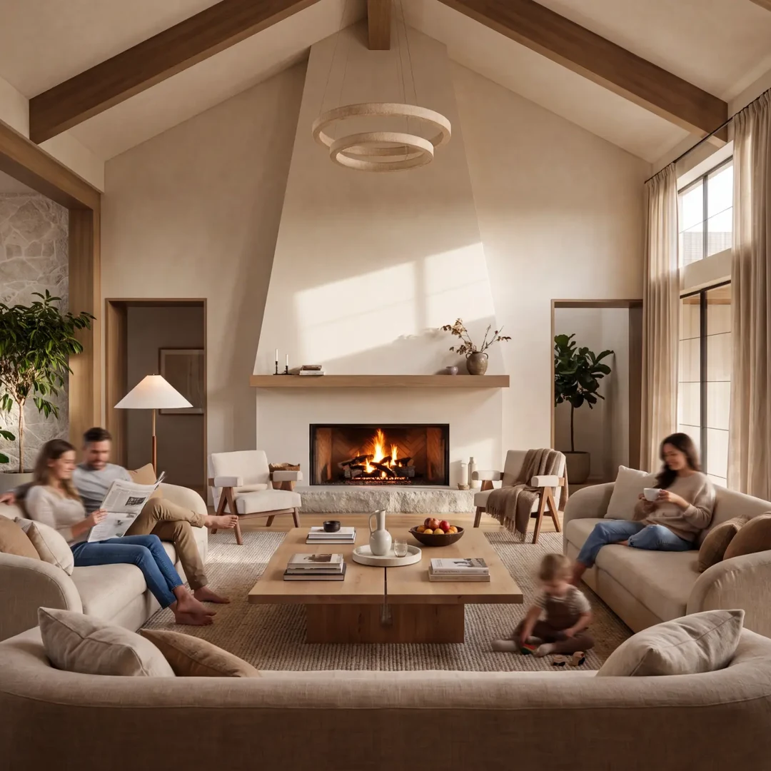 Family living room with vaulted ceiling and fireplace