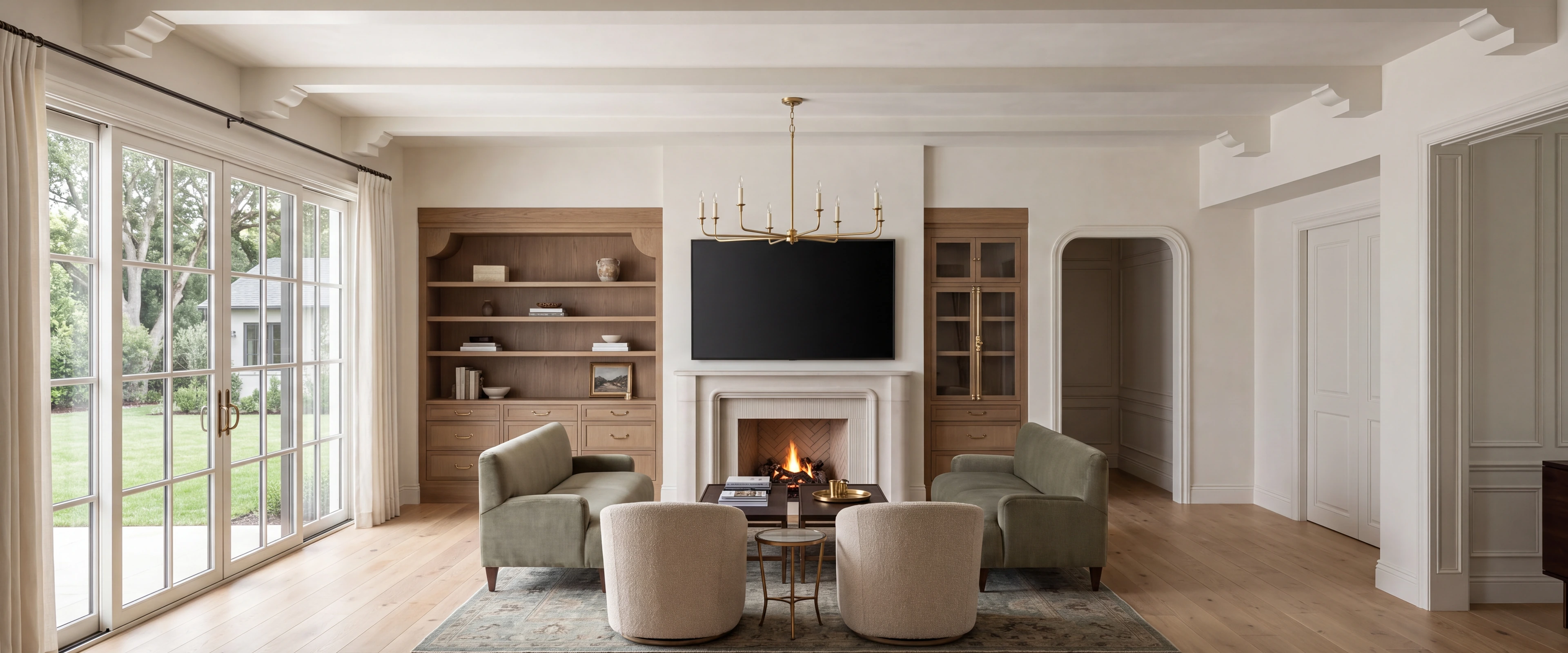 Refined living room interior with fireplace and built-in cabinetry